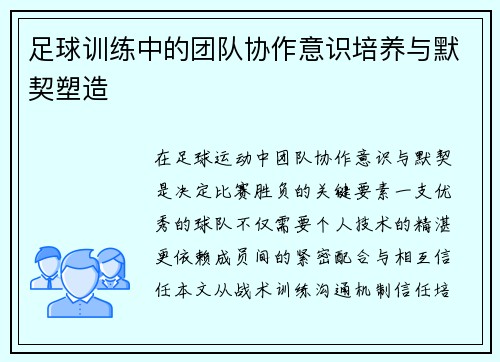 足球训练中的团队协作意识培养与默契塑造